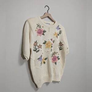 VTG Alfred Dunner cotton cream floral cable knit sweater short sleeve size med